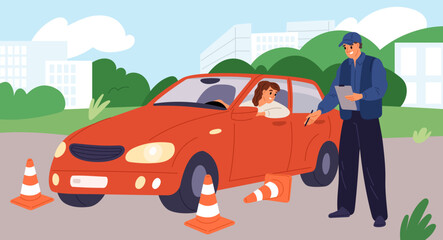 Driving lesson. Practical exercises. Car driver examination. Instructor notes mistakes. Passing exam. Student obtaining license. Automobile parking. Auto course. Garish vector concept