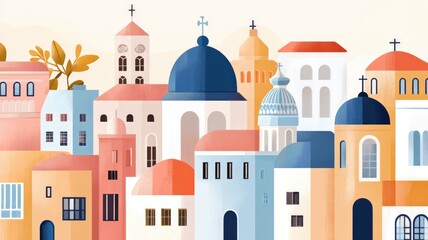 Colorful mediterranean architecture with dome and crosses