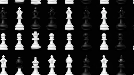 The pattern showcases various white chess pieces meticulously arranged on a solid black background, creating a visually appealing contrast SEAMLESS PATTERN