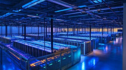 Obraz premium Data center operations high-tech facility digital infrastructure industrial environment wide-angle viewpoint modern technology