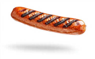 A juicy grilled sausage floating mid-air with char marks, isolated on a white background