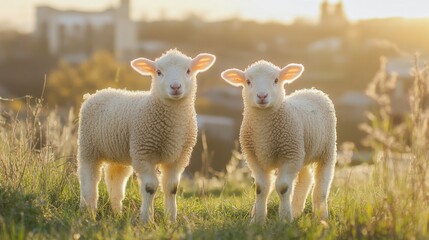 Fototapeta premium Sunlit Sheep on a Farm During Golden Hour