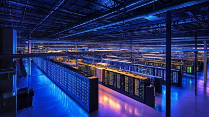 Naklejka premium Data center operations high-tech infrastructure inside a server facility futuristic environment wide-angle perspective