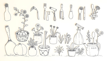 Obraz premium Garden, farm concept. Gardening set of items sketch. Agriculture, farming objects vintage illustration, papercraft, with white tones
