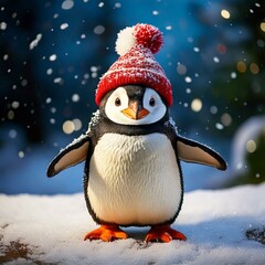 A Bubbly penguin with a Christmas hat on dancing in the snow
