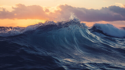 Ocean waves crash against the shore at sunset, creating a beautiful display of nature's power and serenity
