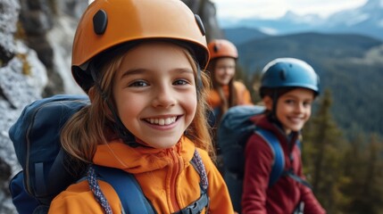 Fototapeta premium Young Climbers Smiling on a Rock Face with Scenic Mountain View in the Background During Outdoor Adventure