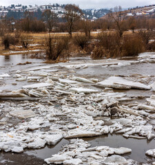 Ice floes in the river Mures. After a very cold period winter and after the ice begins to melt in the early spring, it started to flow downstream from the Mureș river in Transylvania, Romania.