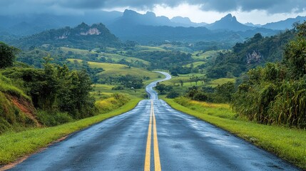 Naklejka premium Winding asphalt road through lush green valley and mountains under a dramatic sky.