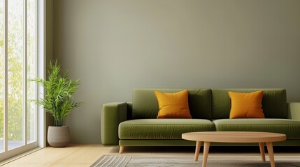Minimalist living room with a green sofa