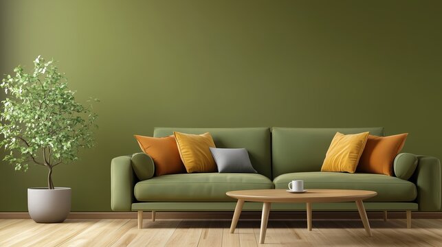 Minimalist living room with a green sofa - Powered by Adobe