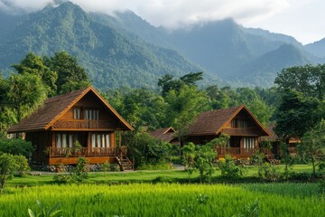 Obraz premium Serene Mountain Retreat with Wooden Cabins Surrounded by Lush Green Landscape and Majestic Peaks Under a Bright Sky Perfect for Nature Getaways