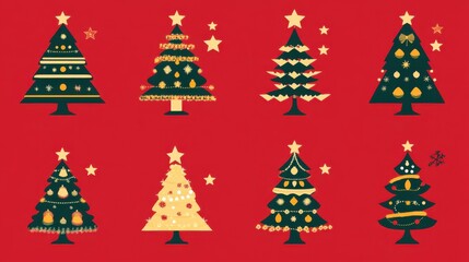 Colorful set of Christmas tree icons in flat design featuring festive decorations on a vibrant red background