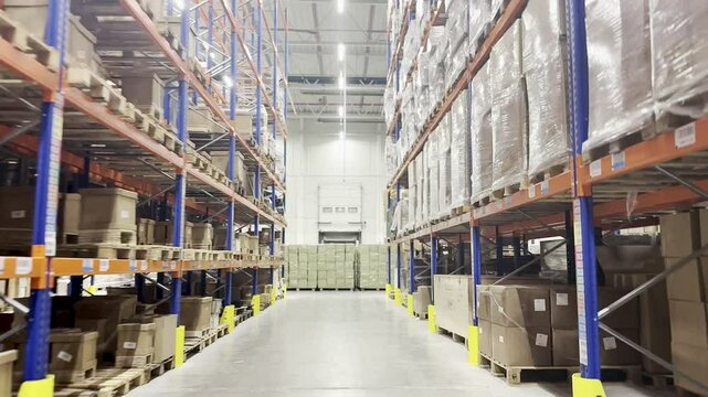 Wnętrze magazynu wysokiego składowania. Wysokie regały zastawione towarem magazynowym. 4K