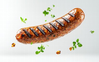 Fototapeta premium A vegan sausage floating mid-air with plant-based ingredients and grill marks, on a white background