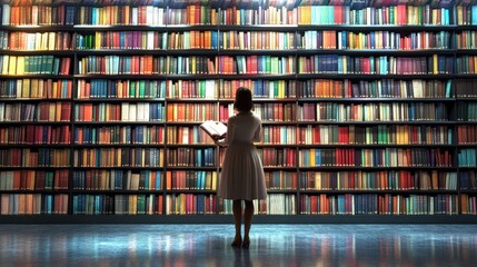 Woman reading in a large library filled with bookshelves.