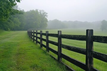 Fototapeta premium Serene Misty Morning Landscape with Wooden Fence and Lush Green Grass in Quiet Country Setting