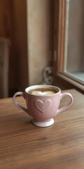 A steaming heart-shaped coffee cup sits on a wooden table, romance, valentine