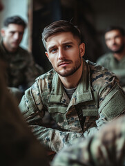 Fototapeta premium Soldier engaged in serious conversation with comrades