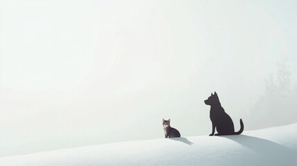 Winter serenity cat and dog sitting together in snowy landscape peaceful environment minimalist viewpoint animal companionship