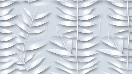 Detailed 3D seamless pattern showcases palm leaves intricately arranged on a light gray textured background with a relief effect. SEAMLESS PATTERN
