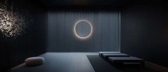 A dark room with a circular wall and a white pillow on the floor