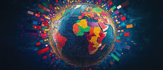 a vibrant illustration of the globe surrounded by colorful flags