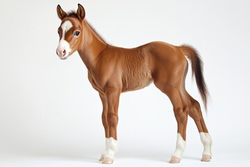 Obraz premium A young brown foal with white markings stands on a white background