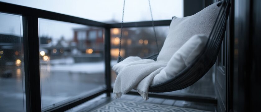 A white swing chair is hanging from a balcony overlooking a body of water