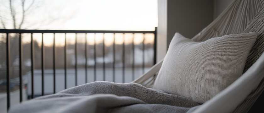 A white pillow is on a hammock, and the hammock is on a balcony