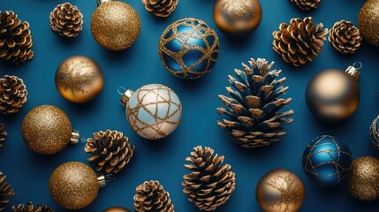 Golden Christmas Ornaments on a Dark Blue Background