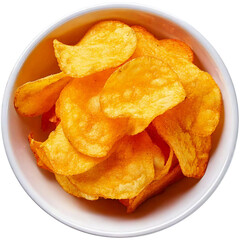 White bowl with crispy potato chips isolated on transparent background, depth of field