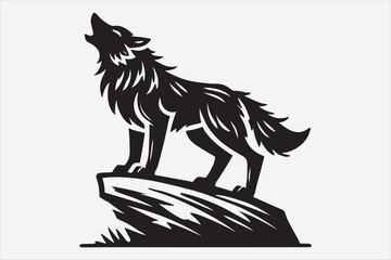 A stylized black and white silhouette of a wolf howling.