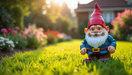 Cheerful garden gnome on green grass at sunset.