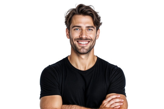 Smiling Man in Black T-Shirt Exuding Confidence and Positivity
