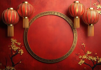 Chinese New Year background with red lanterns and ornate circular frame, symbolizing prosperity and celebration