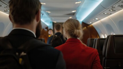 Fototapeta premium Cabin crew assisting passengers during boarding process airplane interior travel environment passenger viewpoint
