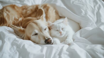 Obraz premium Cozy companions a dog and cat snuggling together in a warm bedroom pets domestic environment intimate perspective