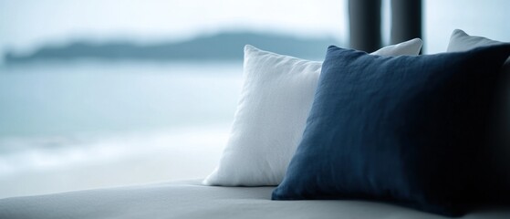 A blue and white pillow is on a bed