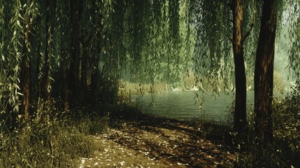 Obraz premium Tranquil riverbank retreat lush greenery scenic nature view serene environment peaceful escape concept