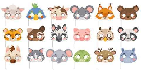 Cute animal masks. Kids party elements. Masquerade props. Funny photo booth objects. Childish birthday decorations. Carnival costume. Tiger or fox muzzles. Zoo accessory. Recent vector set