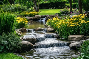 Serene Garden Landscape with Flowing Stream, Vibrant Yellow Flowers, and Lush Greenery in Peaceful Nature Setting