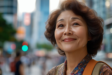 Smiling woman enjoying music in a vibrant outdoor setting in the city