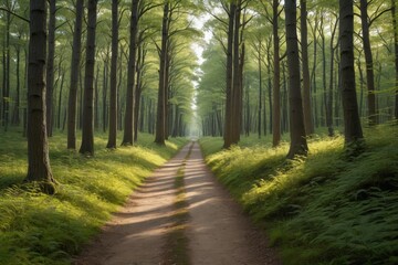 Fototapeta premium there is a dirt road that is surrounded by trees and grass