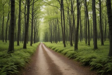 Obraz premium there is a dirt road that is surrounded by trees and ferns