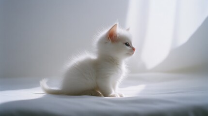a small white kitten sitting on a white background