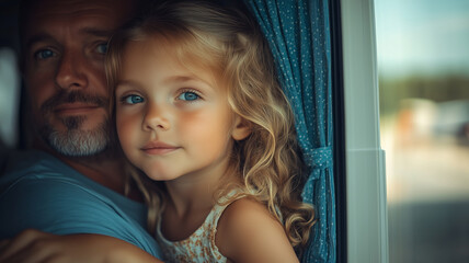 Sweet moment shared between father and daughter in a cozy caravan
