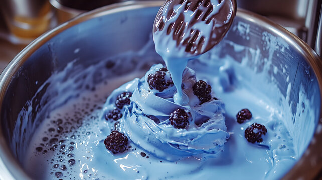 Cooking and vlogging together with vibrant blue dessert preparation