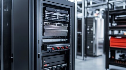 Data center operations modern facility technology equipment industrial environment close-up view infrastructure management