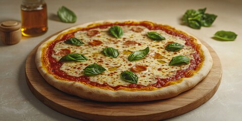 National Pizza Day Delicious Pepperoni Pizza with Basil on Wooden Board